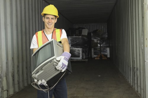 Futuristic office clearance with sustainable practices and technology